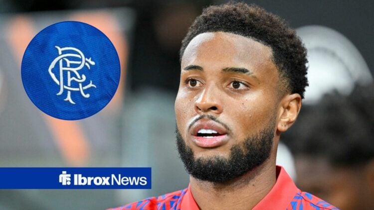 Youssef Chermiti looking stern with Rangers badge in frame