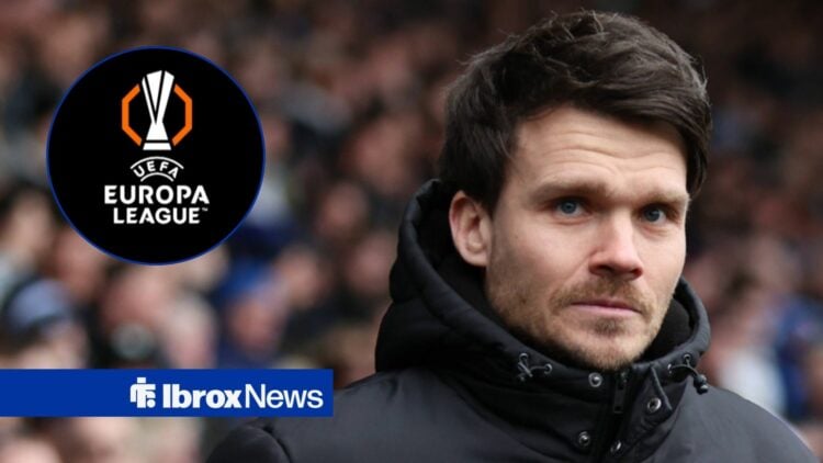 Danny Rohl looking stern with Europa League logo