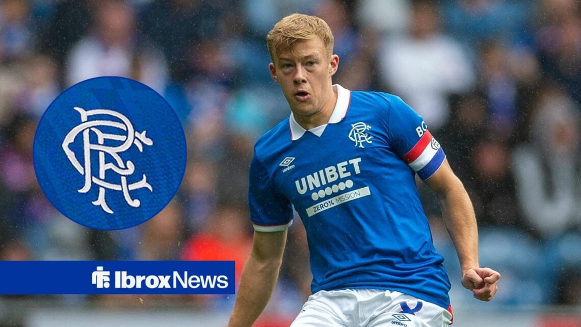 Rangers midfielder Connor Barron attempts a pass with Rangers badge inset