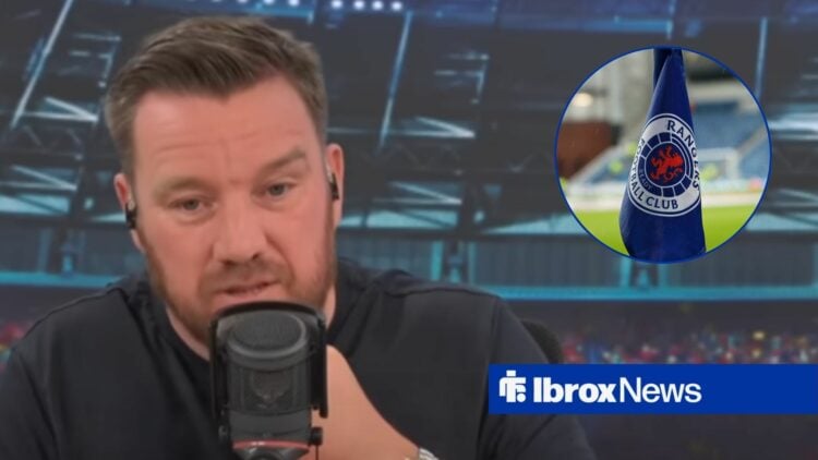 Jamie O'Hara on talkSPORT, with a Rangers flag in a circular frame