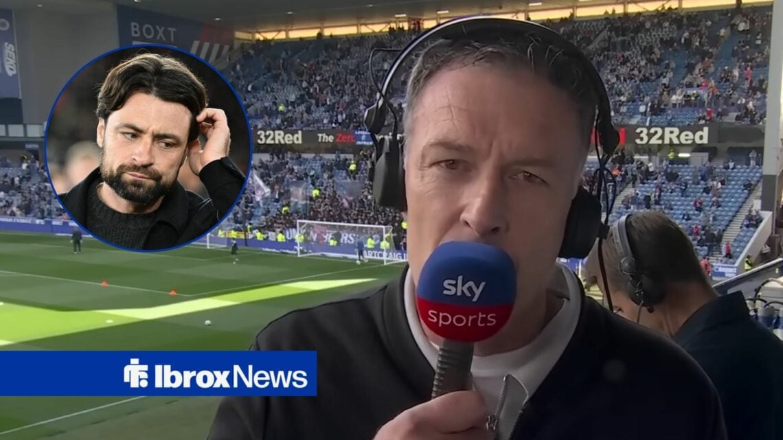 Chris Sutton speaking into a microphone at Ibrox looking towards Russell Martin in a circle inset