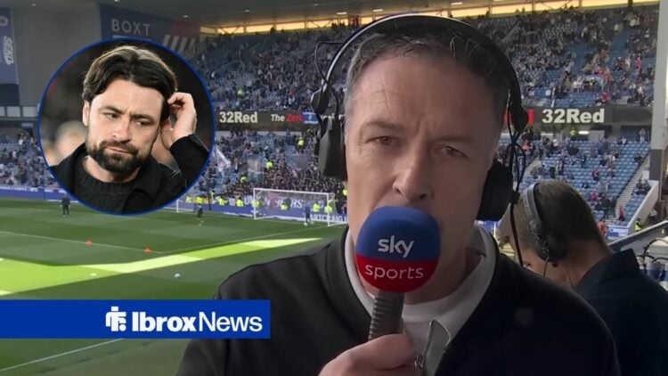 Chris Sutton speaking into a microphone at Ibrox looking towards Russell Martin in a circle inset