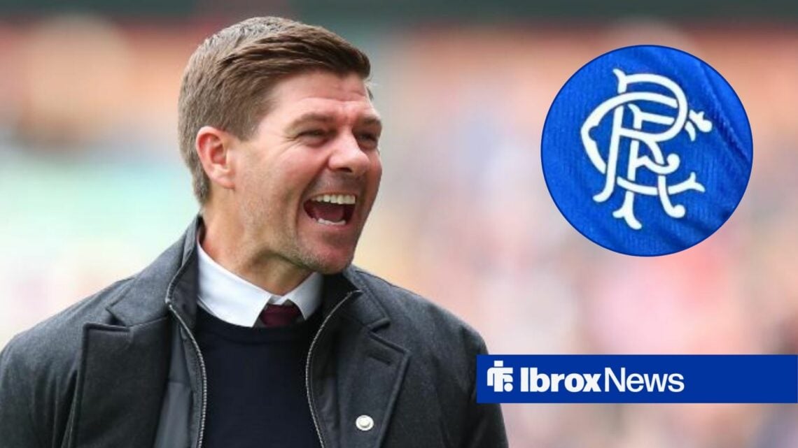 Steven Gerrard celebrating looking towards the Rangers badge in a circle inset