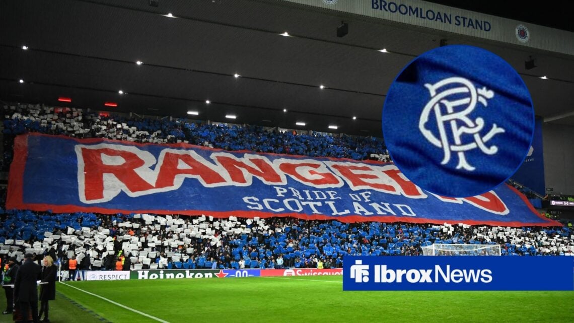Rangers fans at Ibrox, with Rangers badge in the right-hand corner.