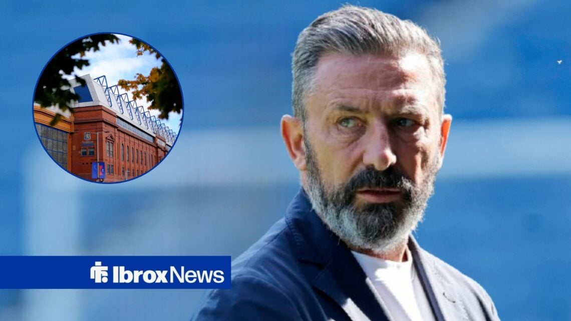 Derek McInnes looking towards a circle inset image of Ibrox