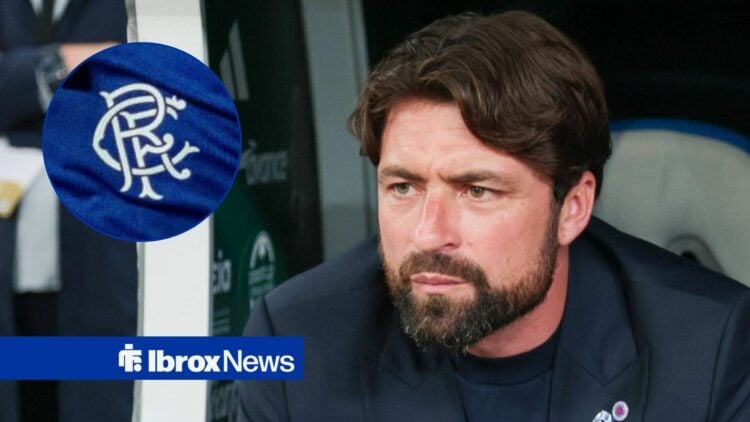 Russell Martin looking annoyed towards a Rangers badge in a circle inset