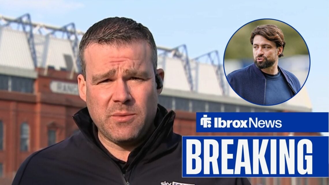 Luke Shanley stood outside Ibrox, with Russell Martin in a circular frame