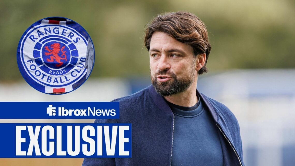 Russell Martin looks to his left, with a Rangers badge in a circular frame