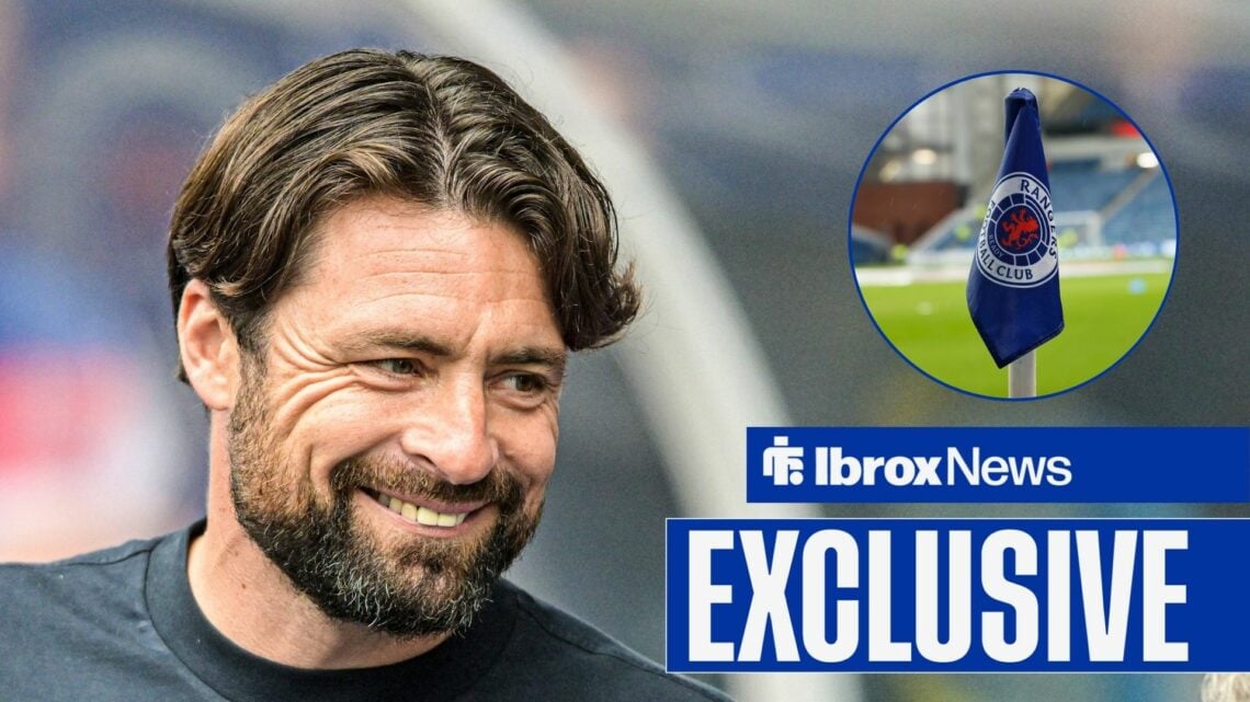 Former Rangers manager Russell Martin smiles with Rangers corner flag inset