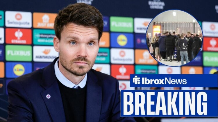 Danny Rohl speaks at a Rangers press conference, to his left is a circle with Rangers fans at the airport
