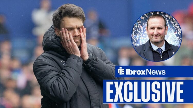 Danny Rohl with his head in his hands, with Kevin Thelwell in a circular frame alongside him