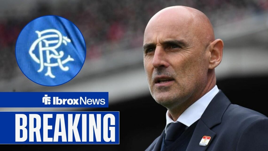 Kevin Muscat looking annoyed towards a Rangers badge in a circle inset