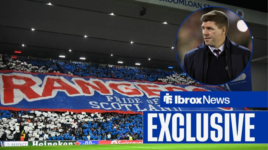 Rangers fans at Ibrox alongside a circle inset of Steven Gerrard looking confused.