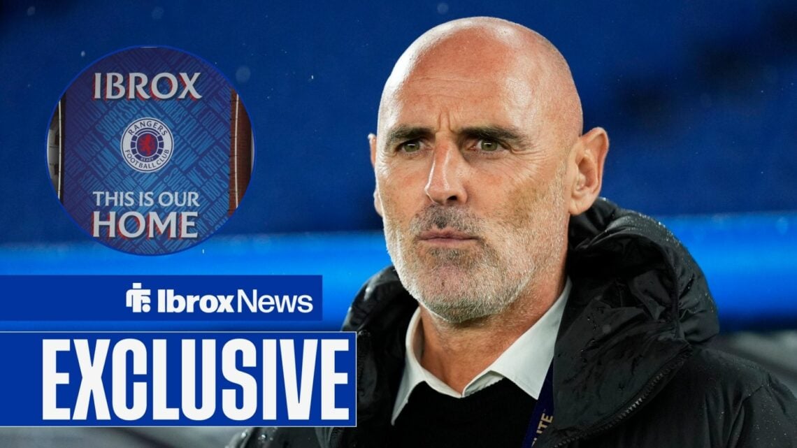 Shanghai Port boss Kevin Muscat, with an Ibrox banner in a circular frame inset
