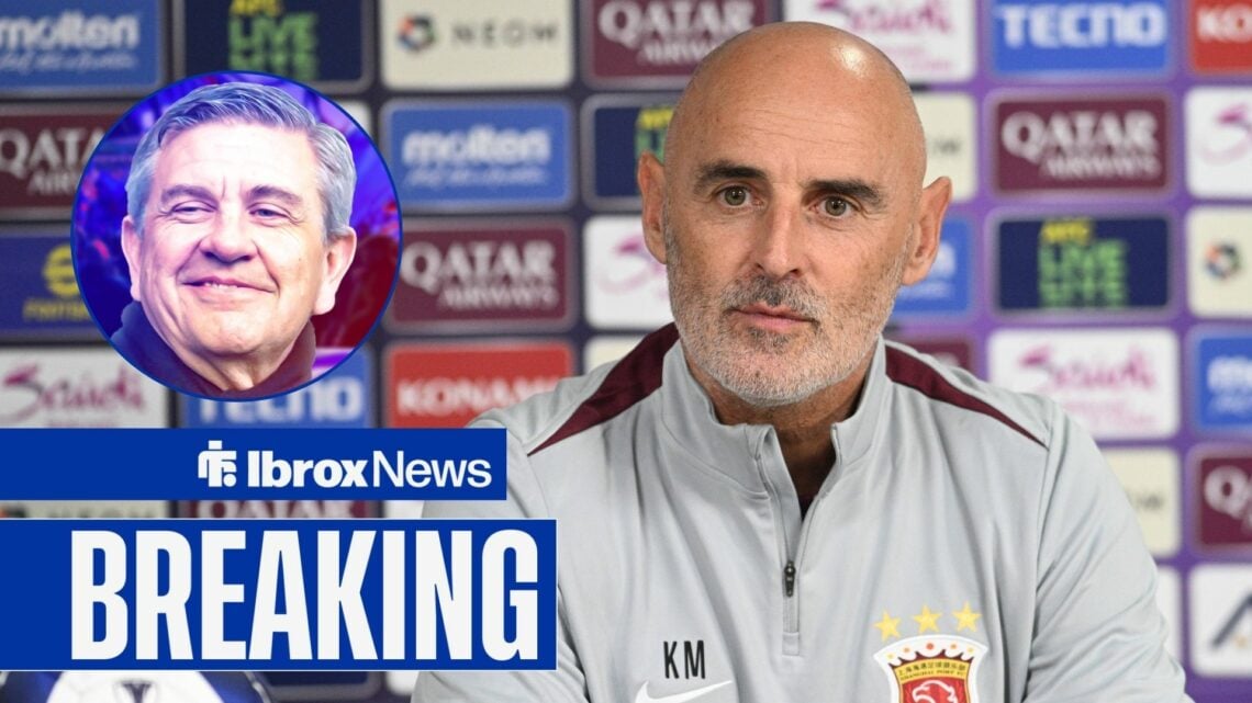 Kevin Muscat speaks to the media ahead of a Shanghai Port match. To his left is a smaller picture of Rangers chairman Andrew Cavenagh smiling.