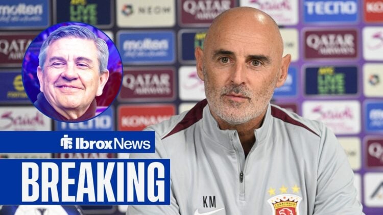 Kevin Muscat speaks to the media ahead of a Shanghai Port match. To his left is a smaller picture of Rangers chairman Andrew Cavenagh smiling.