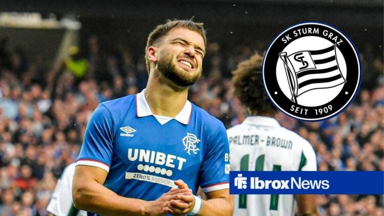 Nicolas Raskin looking annoyed with the Sturm Graz badge inset.