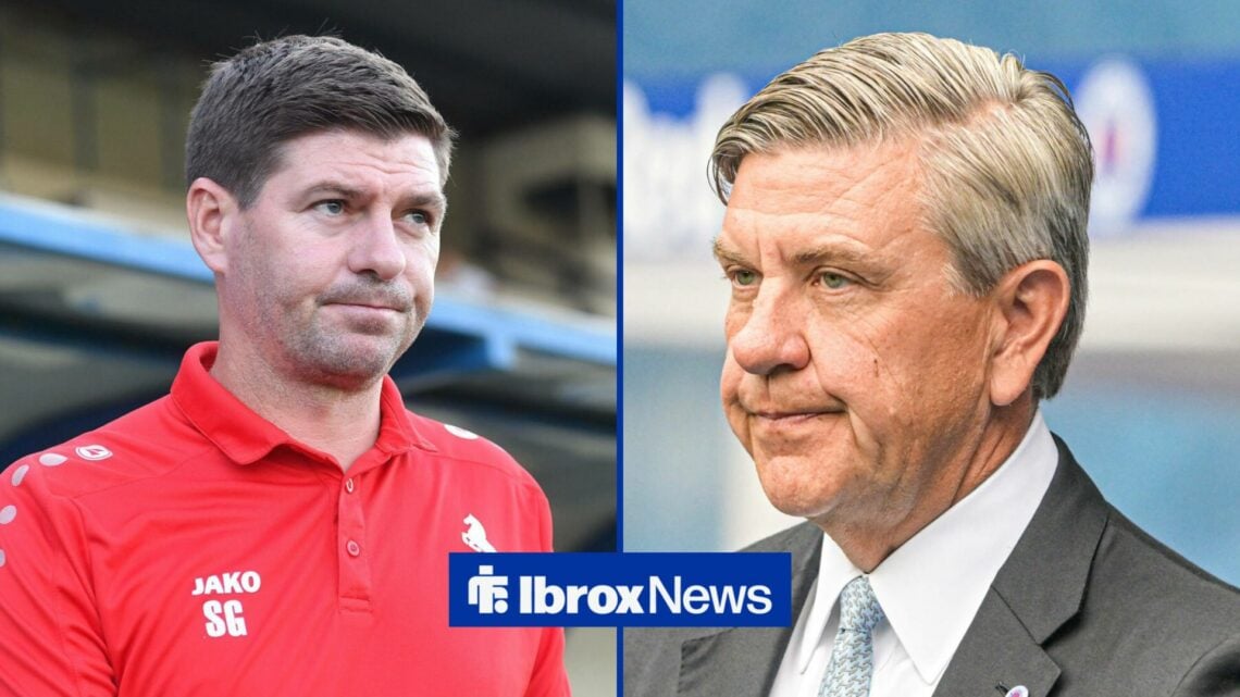 Steven Gerrard looks to his right, while Andrew Cavenagh alongside him looks to his left