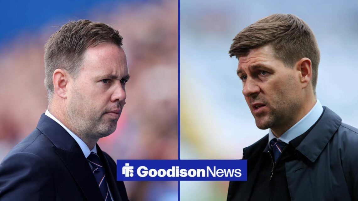 Michael Beale on the left looking to the right, with STeven Gerrard on the right looking to the left, both not happy.