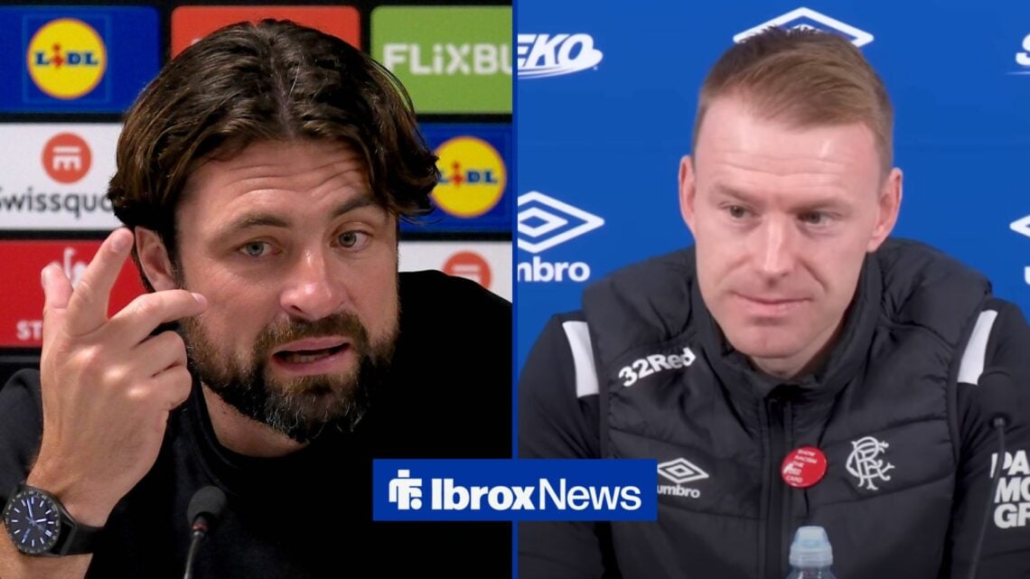 Russell Martin and Steven Smith in a 50:50 image both speaking at Rangers press conferences.