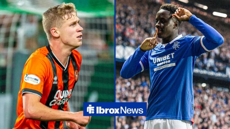 Zachary Sapsford playing for Dundee United, alongside Djeidi Gassama playing for rangers