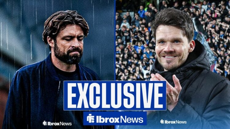 Rangers manager Danny Rohl claps with Russell Martin surrounded by rain