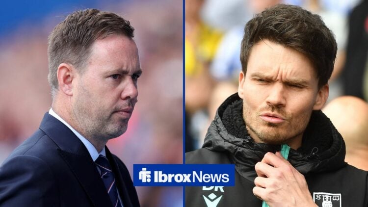 Michael Beale and Danny Rohl looking at eachother with a serious expression.