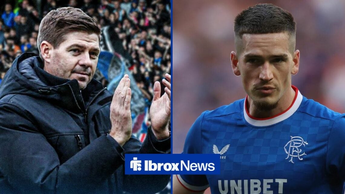 Steven Gerrard clapping in one half as Ryan Kent watches on in Rangers kit