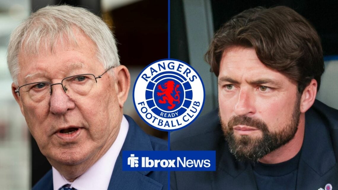 Sir Alex Ferguson on the left looking to the right with a concerned expression. Rangers badge in the middle, with Russell Martin on the right looki...
