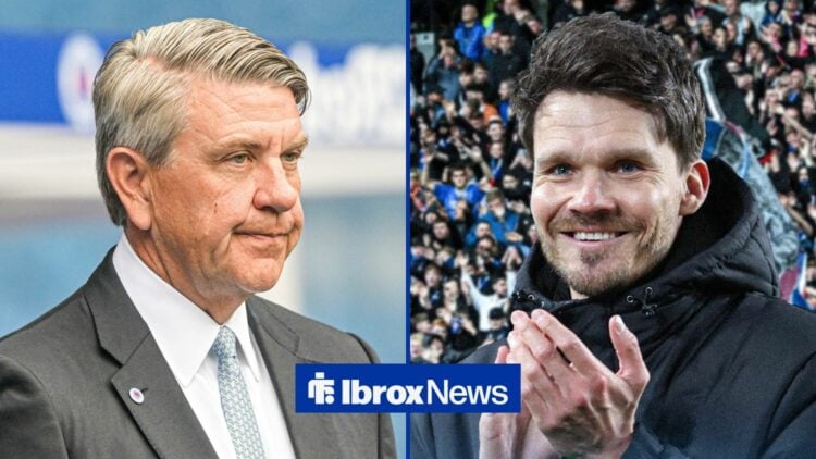 A split image as Rangers chairman Andrew Cavenagh glances concernedly towards manager Danny Rohl, who applauds in the right half of the image.