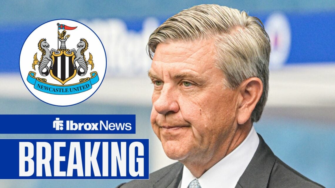 Breaking news as Rangers chairman Andrew Cavenagh stares frustratedly towards the Newcastle United badge, which features in a circular inset.