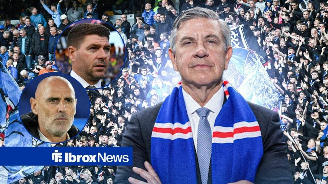 Rangers chairman Andrew Cavenagh stands with his arms folded while wearing a club scarf, as managers Steven Gerrard and Kevin Muscat look across at...