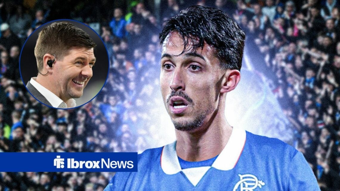 Rangers striker Bojan Miovski stares towards a circular inset, where Steven Gerrard smiles while working as a pundit.