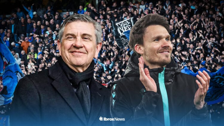 Rangers manager Danny Rohl and Andrew Cavenagh smiling side by side infront of packed out Ibrox