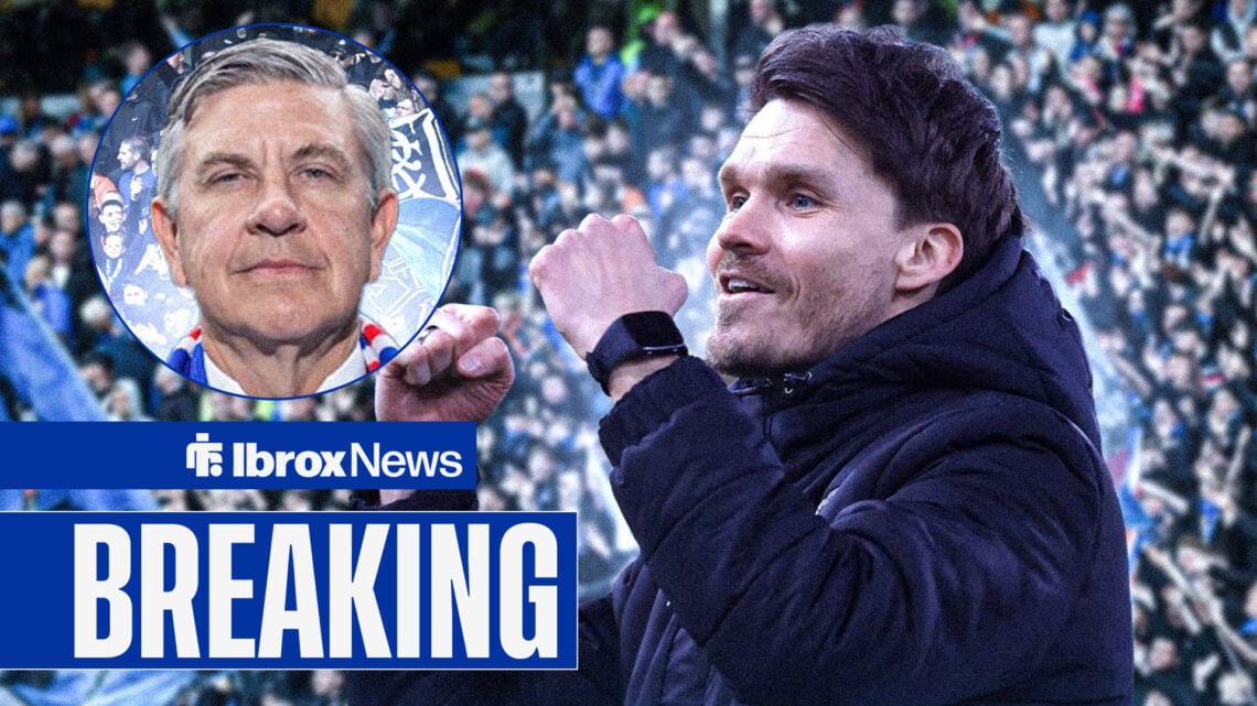 Breaking news as Danny Rohl punches the air, while Rangers chairman Andrew Cavenagh stands in a circular inset.