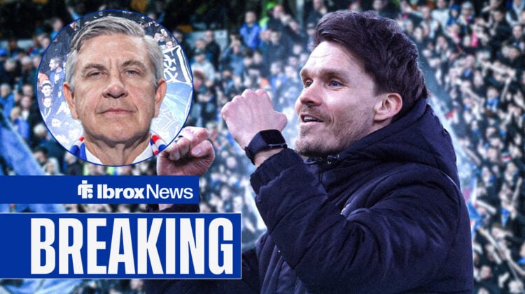 Breaking news as Danny Rohl punches the air, while Rangers chairman Andrew Cavenagh stands in a circular inset.
