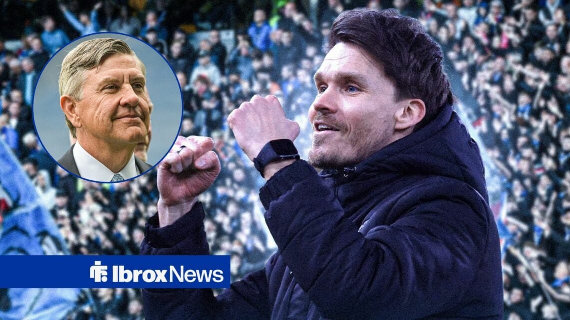 Rangers-linked manager Danny Rohl smiles and punches the air, as Rangers chairman Andrew Cavenagh watches on from a circular inset.