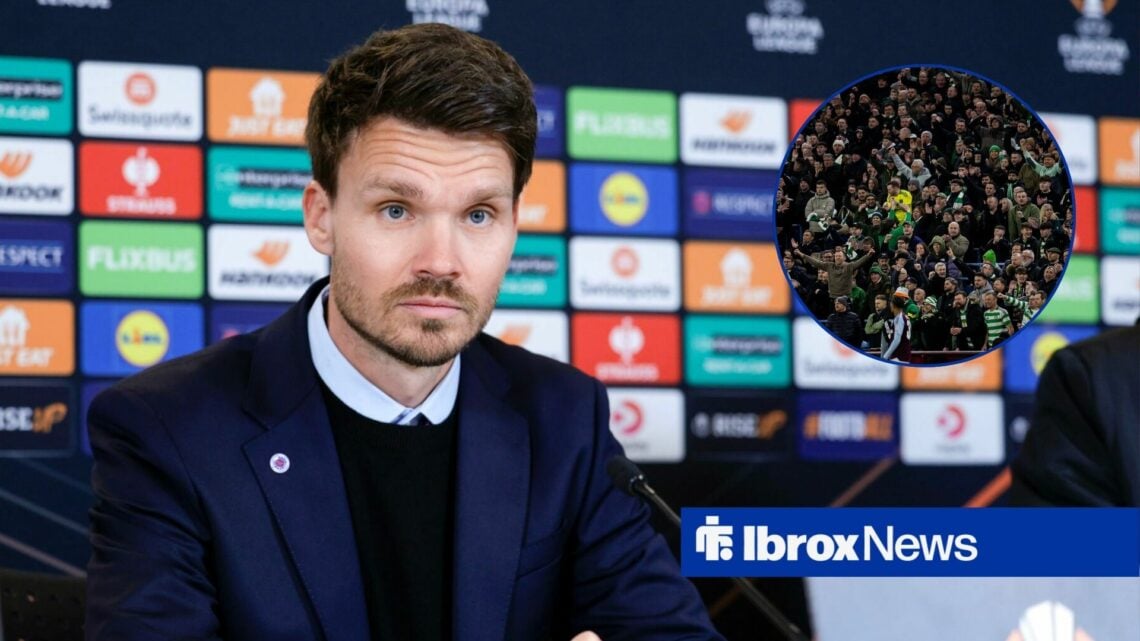 Danny Rohl sits in a Rangers press conference and stares across towards a circular inset, where Celtic fans celebrate during a game.