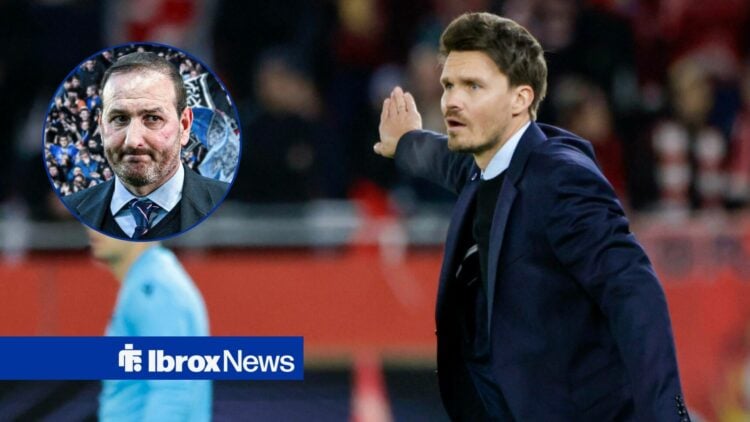 Rangers manager Danny Rohl raises his arm on the touchline while staring towards a circular inset, where sporting director Kevin Thelwell meets his...