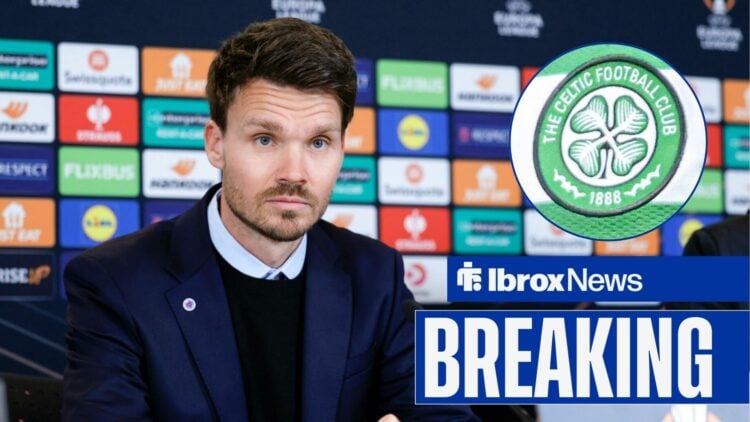 Rangers boss Danny Rohl looks concerned, Celtic badge in inset.
