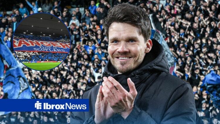 Rangers manager Danny Rohl smiles and applauds as the fans hold up a banner at Ibrox in a circular inset.