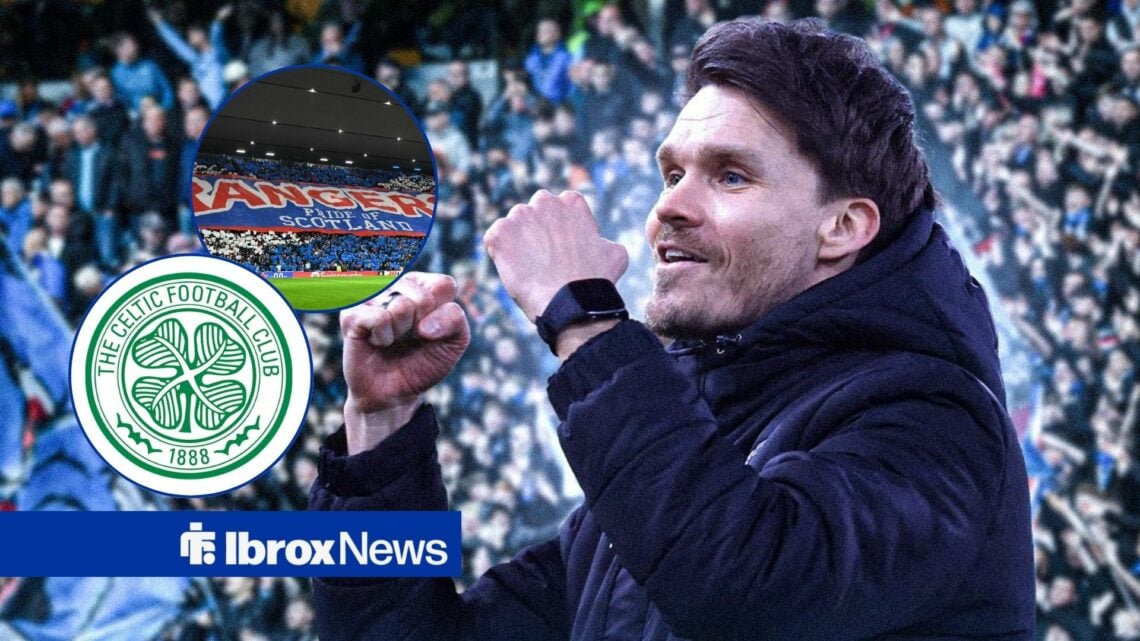 Rangers-linked manager Danny Rohl punches the air, while Rangers fans and the Celtic badge feature in circular insets.