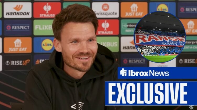 Rangers boss Danny Rohl looking happy, Ibrox fans in inset.