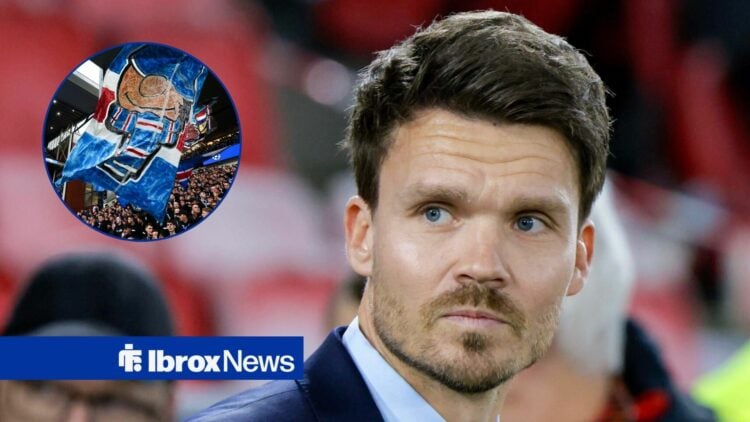 Rangers manager Danny Rohl stares concernedly towards a circular inset, where fans wave a giant flag at Ibrox.