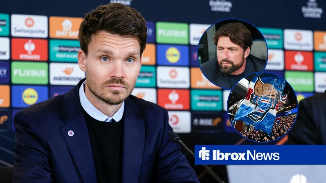 Rangers manager Danny Rohl sits in a Europa League press conference, as he stares towards circular insets featuring his predecessor Russell Martin ...