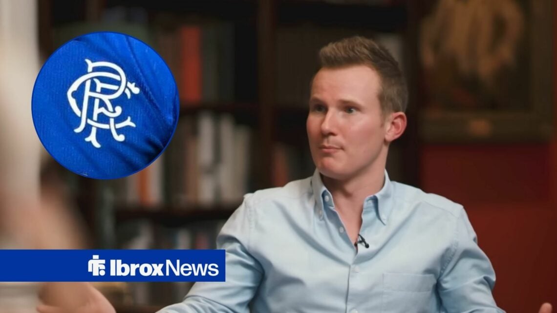 Darrell Currie looking confused, Rangers badge in inset.