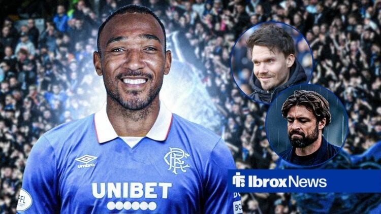 Rangers star Derek Cornelius smiles at Ibrox, as manager Danny Rohl grins in a circular inset, while predecessor Russell Martin stares at the floor.