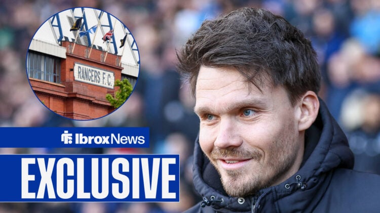 Danny Rohl smiles towards a circular inset of Ibrox