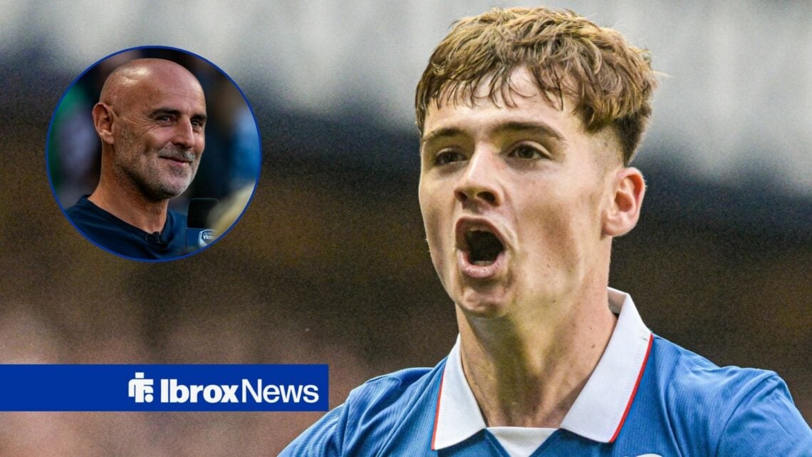 Rangers star Findlay Curtis celebrates a goal, as incoming manager Kevin Muscat smiles while being interviewed in a circular inset.