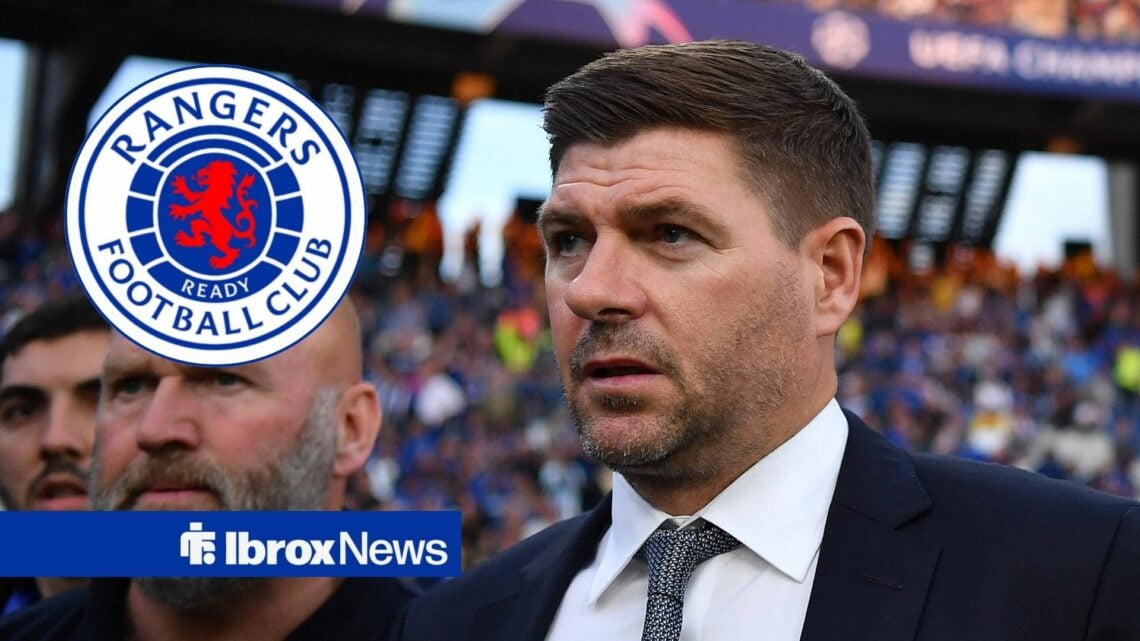 Steven Gerrard focusing on Rangers badge in circular inset